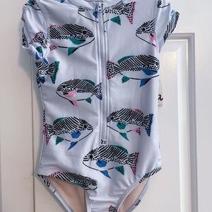 New Tea Collection, Girl’s Fish Print Quarter-Zip One-Piece Swimsuit in Size 7